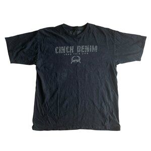 Cinch Denim Mens Black Graphic Tshirt Sz XL Distressed Faded Crew Neck Spell Out